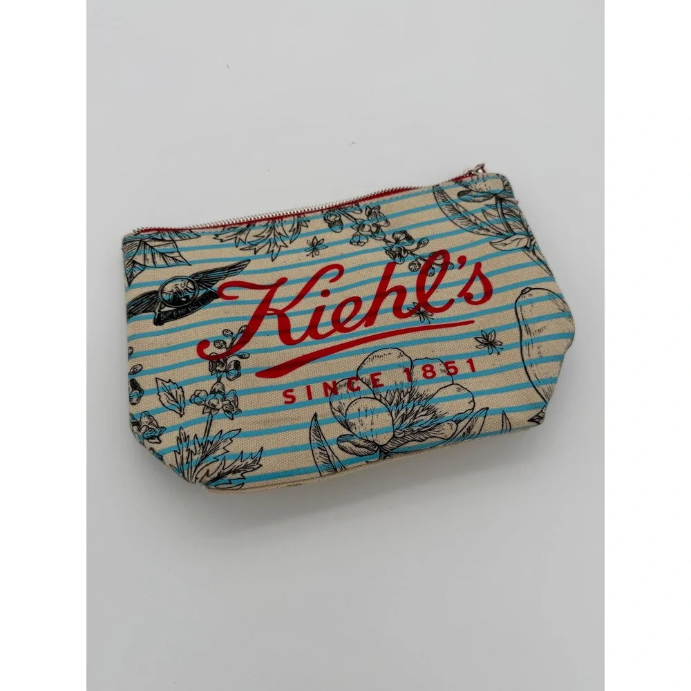 Kiehls Since 1851 Canvas Makeup Bag Blue Striped Floral Cosmetic Pouch Red Liner